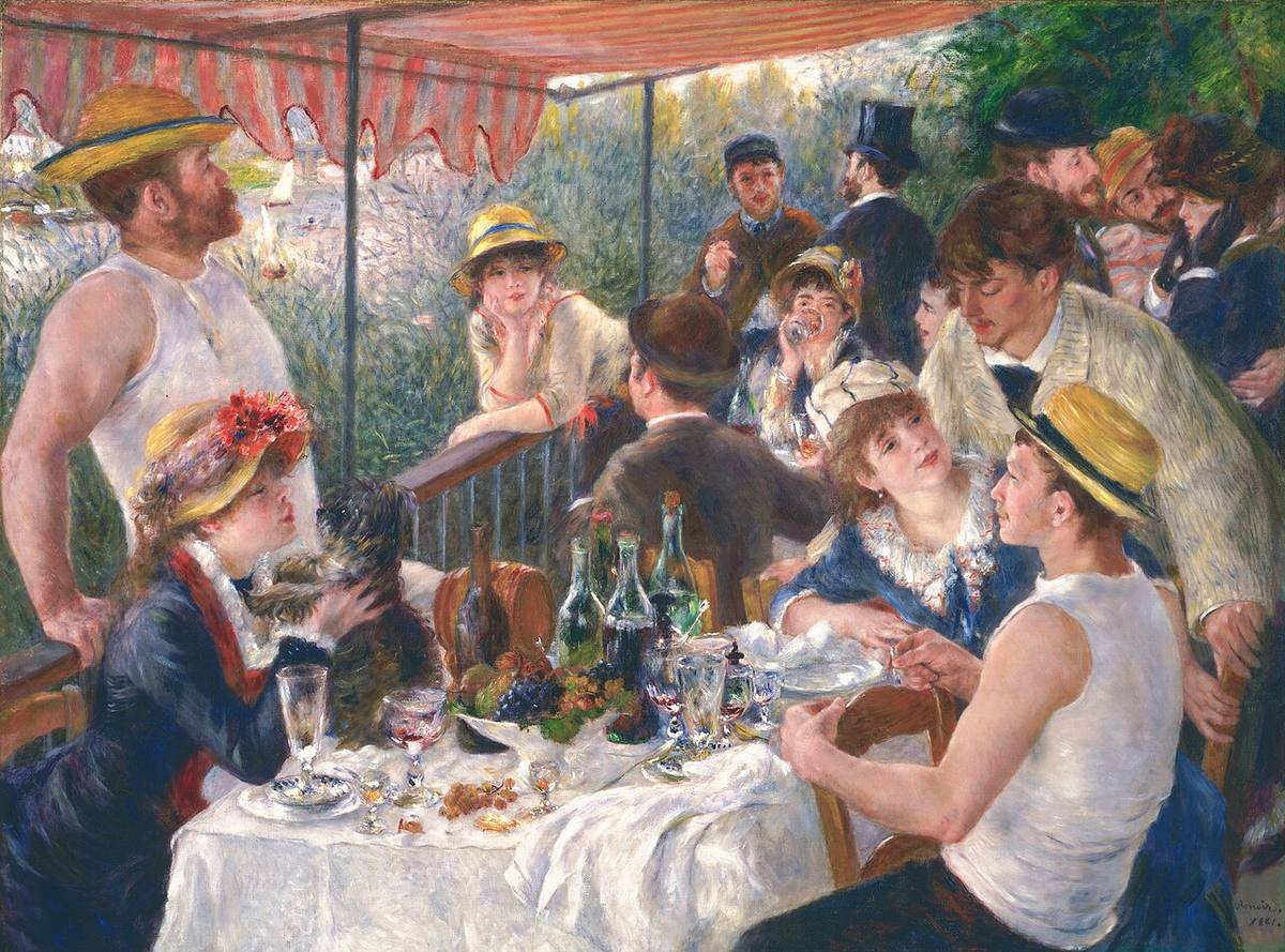 Pierre-Auguste Renoir, Le Déjeuner des canotiers (1880-1881) : des convives discutent autour d’une table sur une terrasse, sous un auvent rayé, dans une lumière chaleureuse.