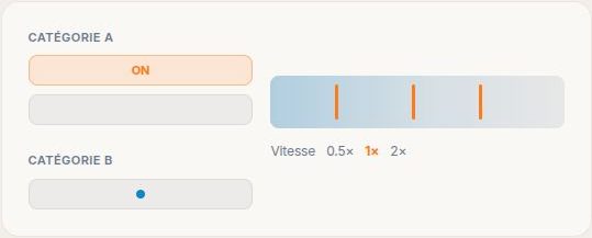 Schéma de saisie avec des boutons pour les catégories observées et une ligne de lecture vidéo portant des repères temporels et des choix de vitesse.