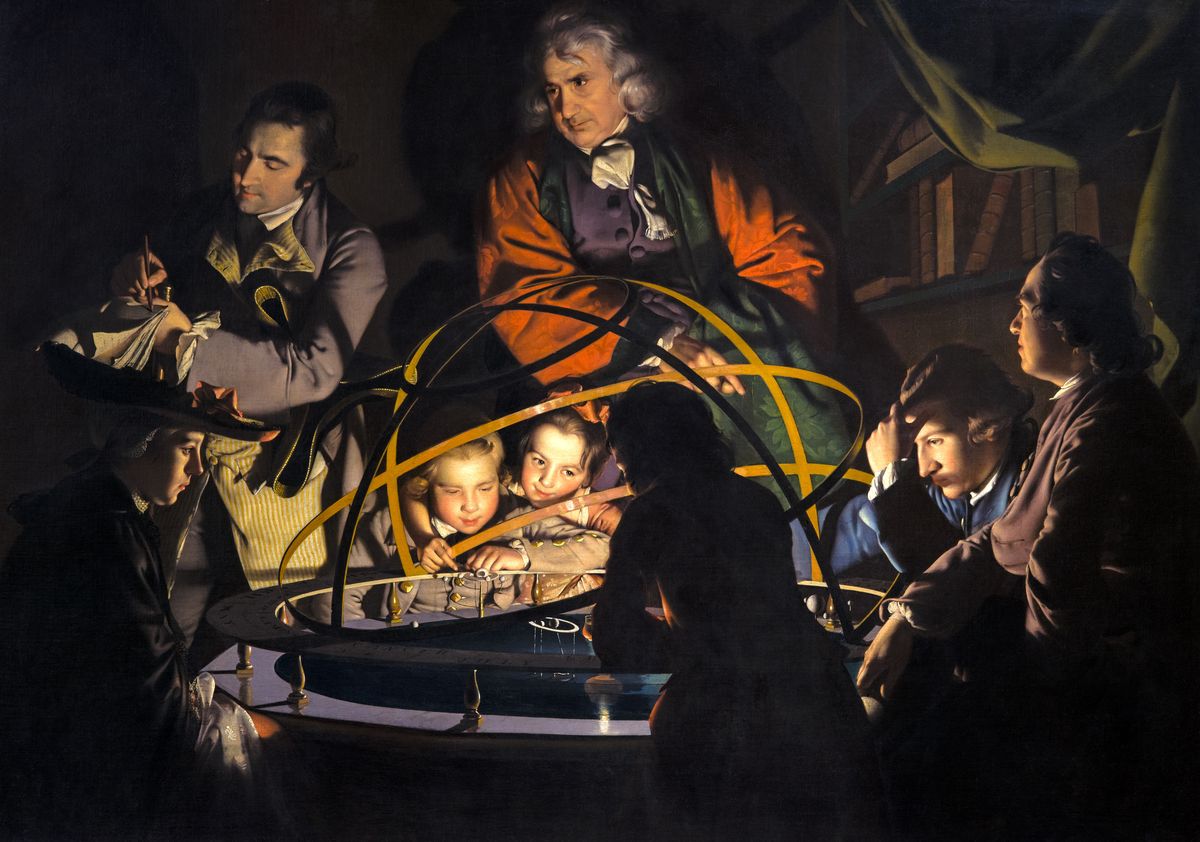Joseph Wright of Derby, Un philosophe expliquant le planétaire (1766) : un savant et plusieurs auditeurs se penchent autour d’un modèle mécanique du système solaire, éclairé de l’intérieur