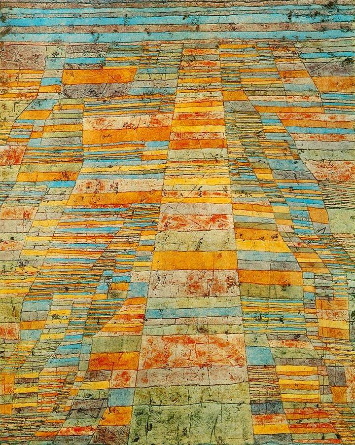 Paul Klee, Chemin principal et chemins latéraux, 1929 : des bandes colorées organisent un chemin central et des voies secondaires.