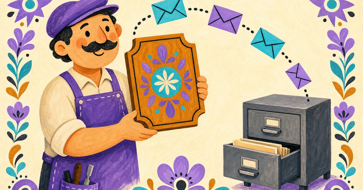Illustration folk-art : artisan en tablier violet tenant une plaque en bois, enveloppes stylisées reliant un meuble à tiroirs ancien, métaphore des échanges fichiers vers le legacy