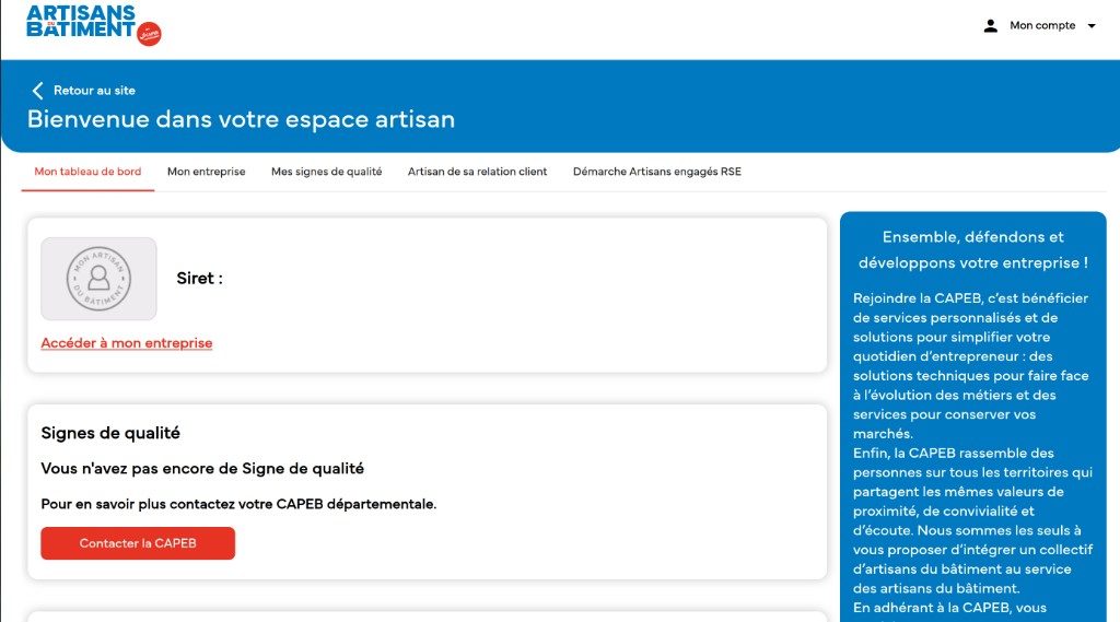 Capture d'écran de l'espace artisan Artisans du bâtiment : tableau de bord, fiche entreprise, signes de qualité et navigation vers les démarches CAPEB