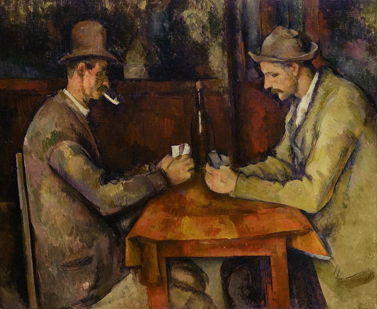 Paul Cézanne, Les Joueurs de cartes : deux hommes assis face à face, cartes en main, une bouteille posée entre eux sur une table rouge