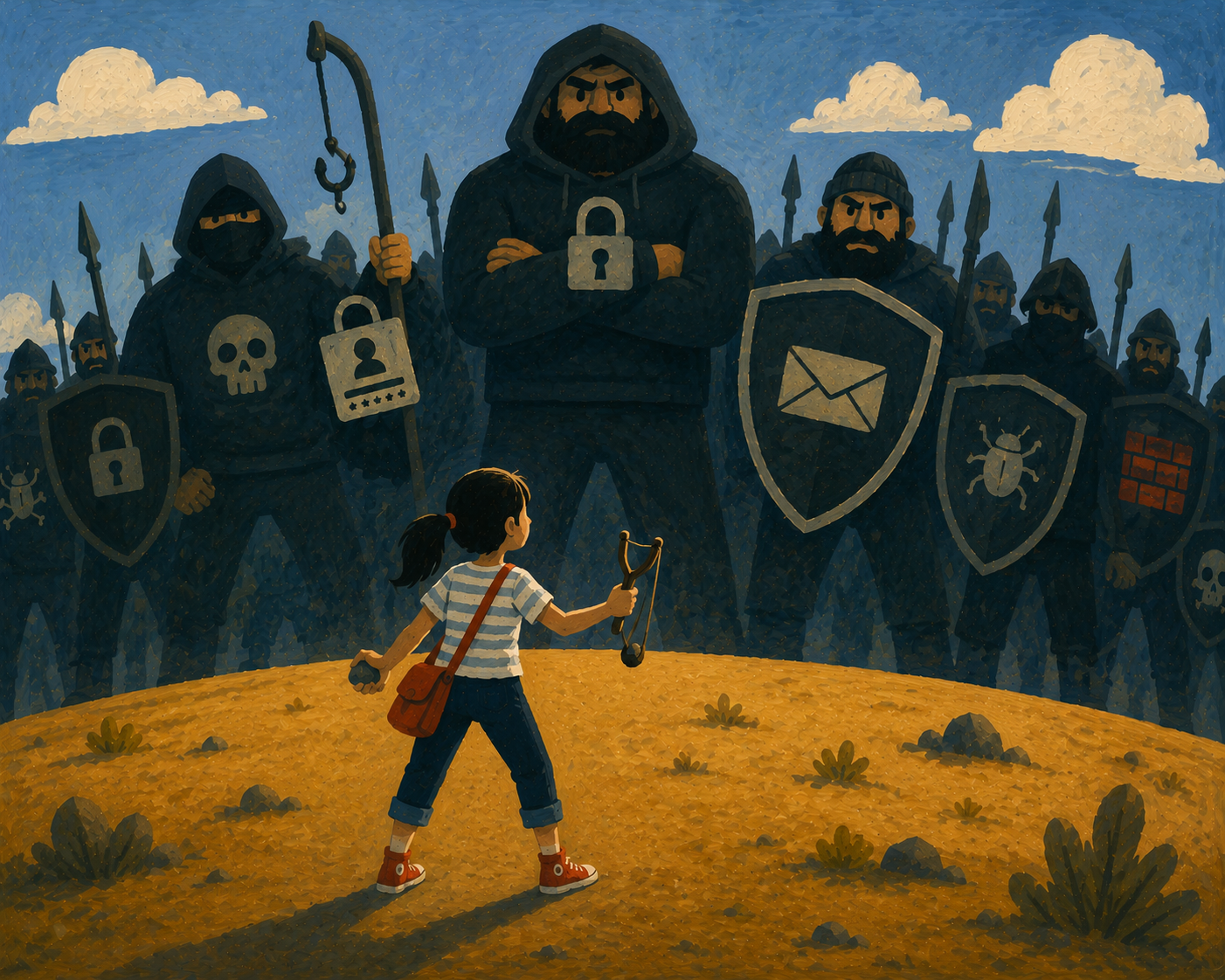 Illustration folk-art : David face à une armée de Goliaths stylisés, métaphore de la cybersécurité face à l'IA des attaquants