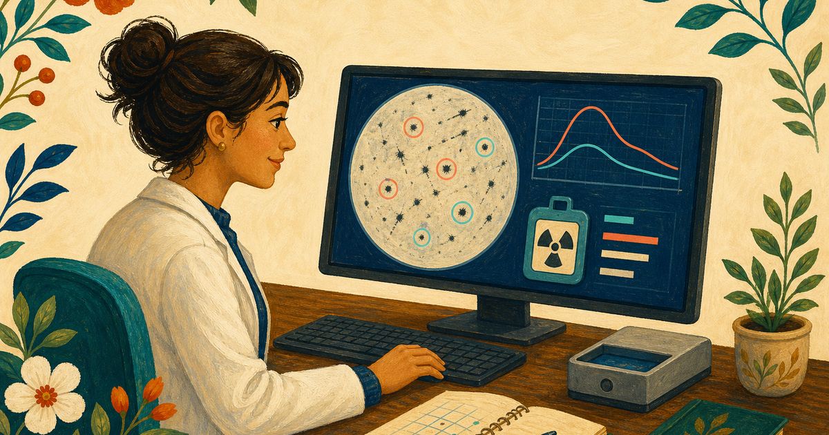 Illustration : technicienne dosimétrie à son poste, écran de traces de radiation et graphiques de dose, illustration peinte style blog Improba