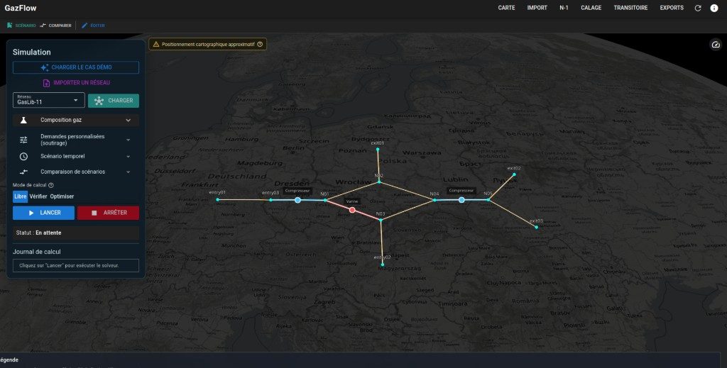 Interface GazFlow&nbsp;: réseau GasLib-11 sur carte Cesium, panneau de simulation à gauche avec composition gaz, scénario temporel et bouton Lancer