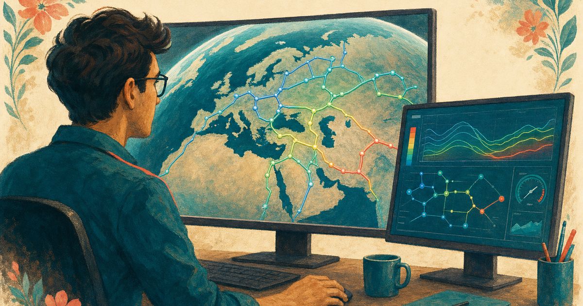Illustration peinte : ingénieur devant un globe 3D avec réseau de pipelines gaz coloré en dégradé de pression, écran secondaire de courbes hydrauliques, style blog Improba Lab