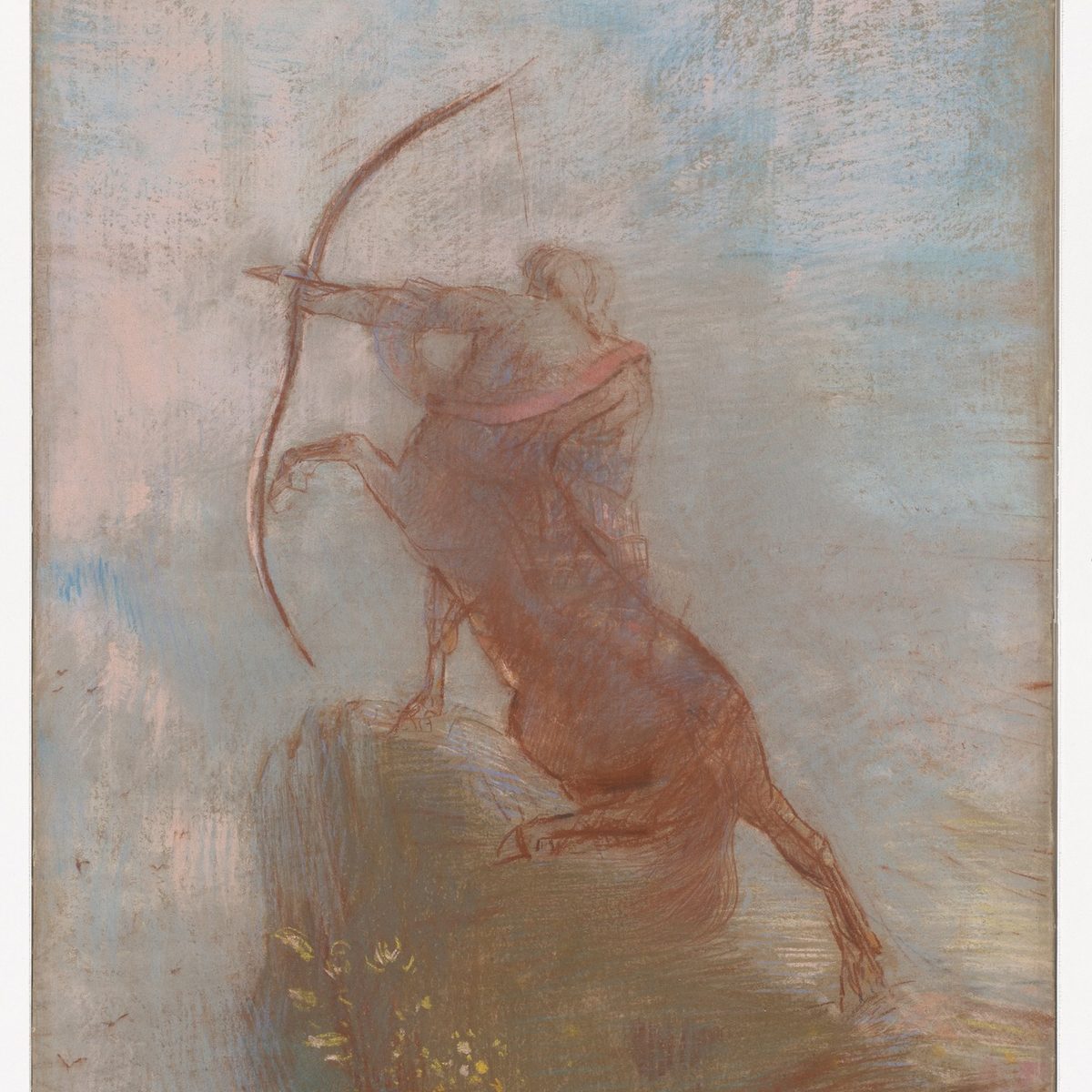 Odilon Redon, Le Centaure (v. 1895-1900) : centaure archer bandant son arc sur un rocher, pastel onirique aux teintes de ciel pâle