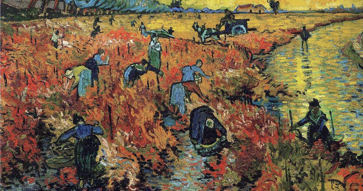 Vincent van Gogh, La Vigne rouge, 1888 : vendangeurs dans une vigne d’Arles au soleil couchant