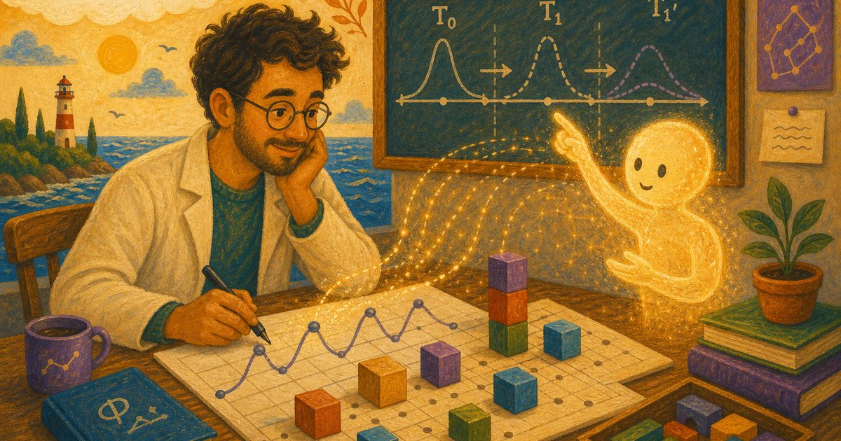 Illustration : chercheur et assistant IA devant un tableau avec courbes T₀, T₁, T₁′, blocs colorés sur une grille et phare au loin, métaphore du laplacien temporel