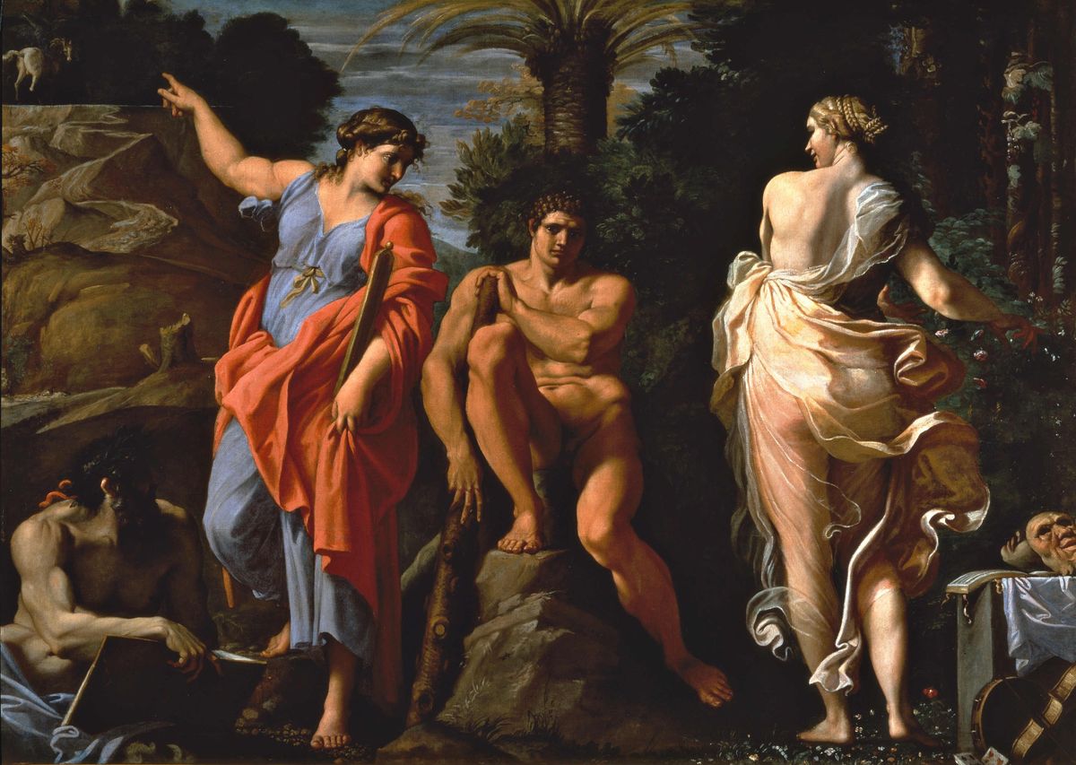 Annibale Carracci, Le Choix d’Hercule (1596) : Hercule est assis entre deux figures féminines qui lui indiquent des directions différentes.