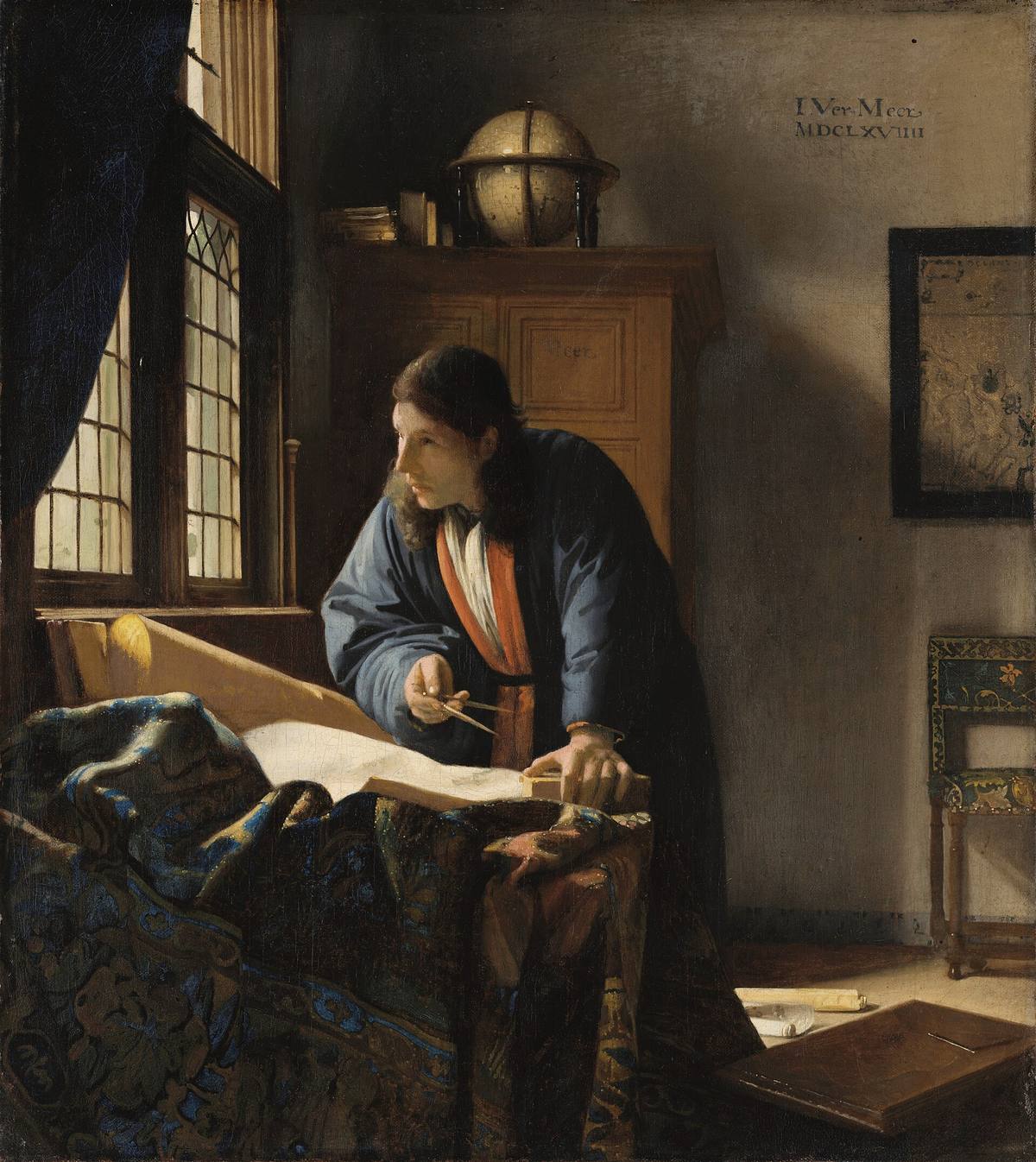 Johannes Vermeer, Le Géographe (1668) : un homme penché sur une carte, un compas à la main, dans une pièce éclairée par une fenêtre.