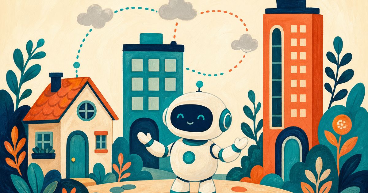 Illustration folk-art : trois bâtiments teal et corail reliés par des fils pointillés à un petit robot, fond crème, style équilibré