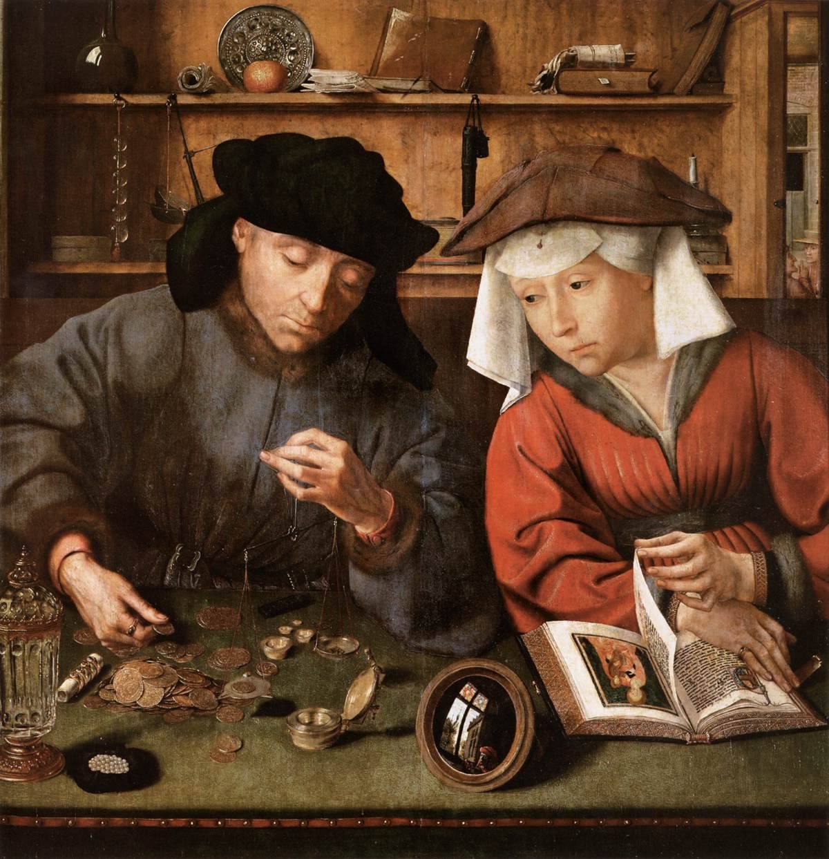 Quentin Metsys, Le Prêteur et sa femme (1514) : un homme pèse des pièces avec une balance, tandis que sa femme tourne les pages d’un livre à ses côtés.