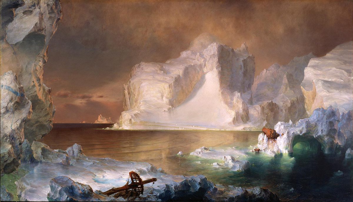 Frederic Edwin Church, Les Icebergs (1861) : des masses de glace se dressent au-dessus de la mer, avec un fragment de mât au premier plan.