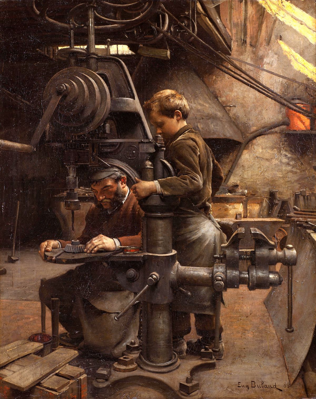 Jean-Eugène Buland, Un Patron (1888) : un artisan travaille une pièce à la perceuse dans un atelier mécanique, sous le regard attentif d’un apprenti.