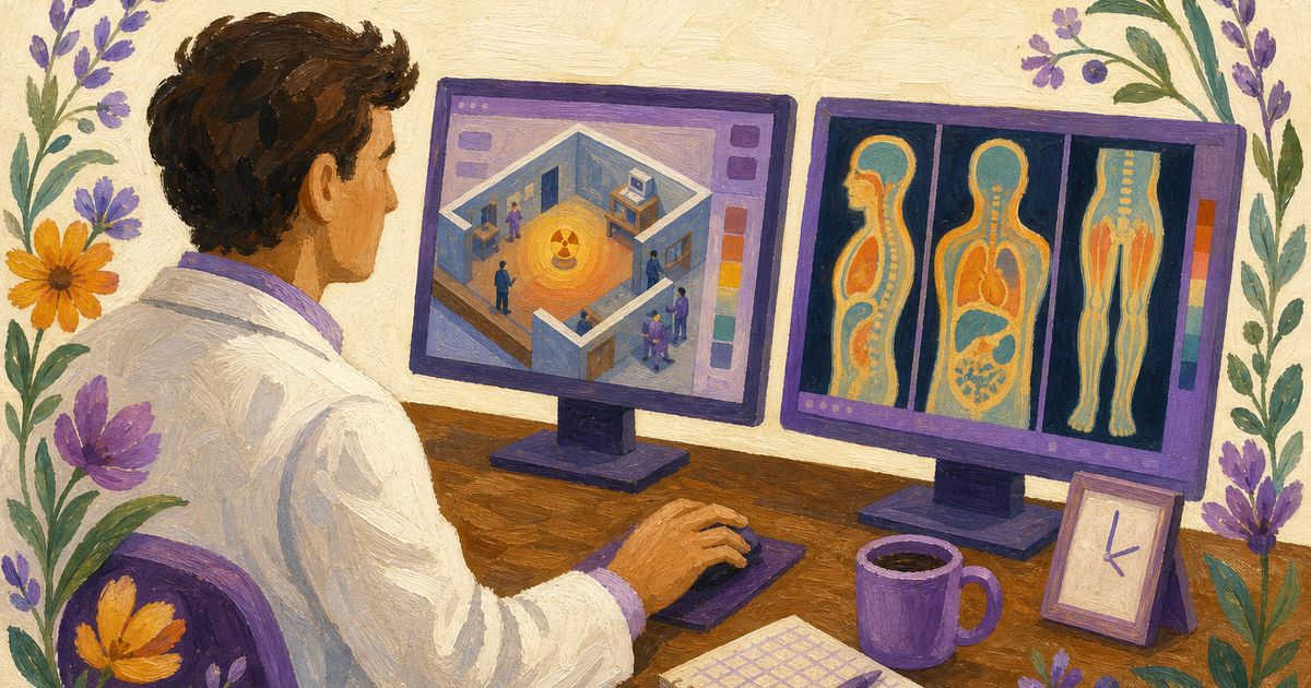 Illustration peinte : médecin devant des écrans montrant une scène 3D isométrique avec source radioactive et coupes corporelles stylisées, bordures florales violettes