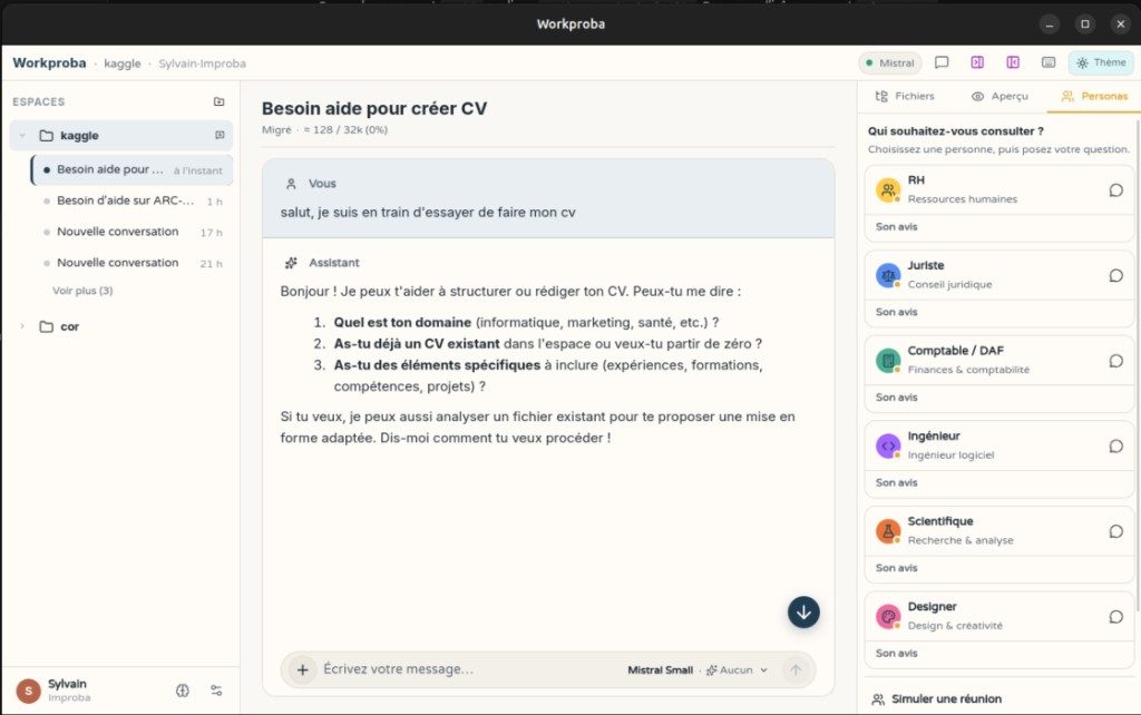 WorkProba en mode clair : chat, personas et espace de travail